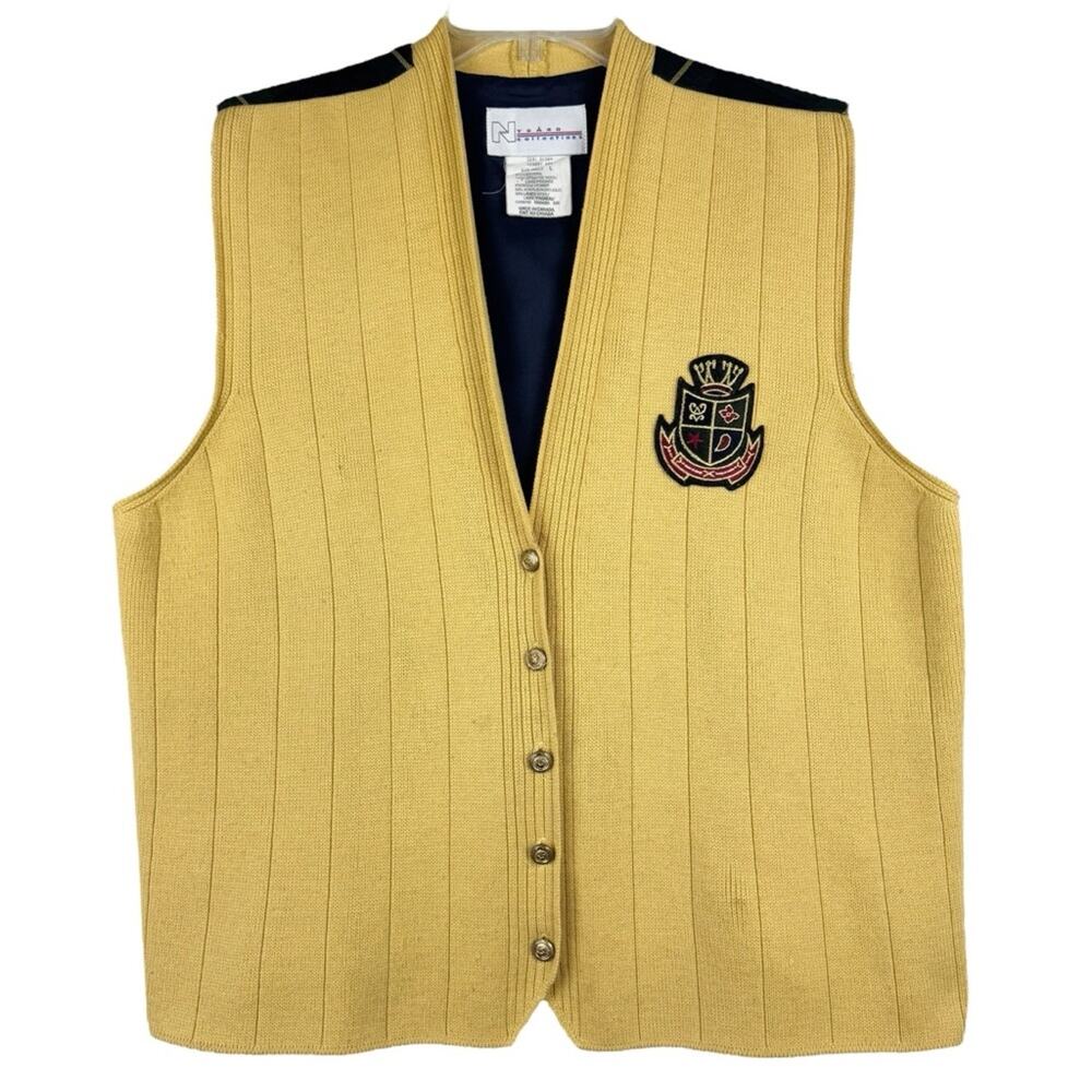 Vintage Worsted Wool/Lambs Wool Academia Crested Button Front Vest Yellow Size L